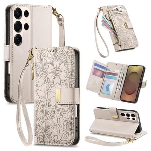 Funda de cuero con cremallera y correa para Samsung Galaxy S25 Ultra 5G, diseño de flores y hojas (caqui)