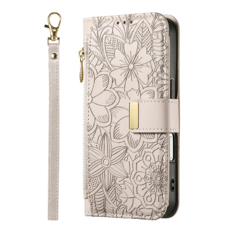 Funda de cuero con cremallera y correa para Samsung Galaxy S24 5G, diseño de flores y hojas (caqui)