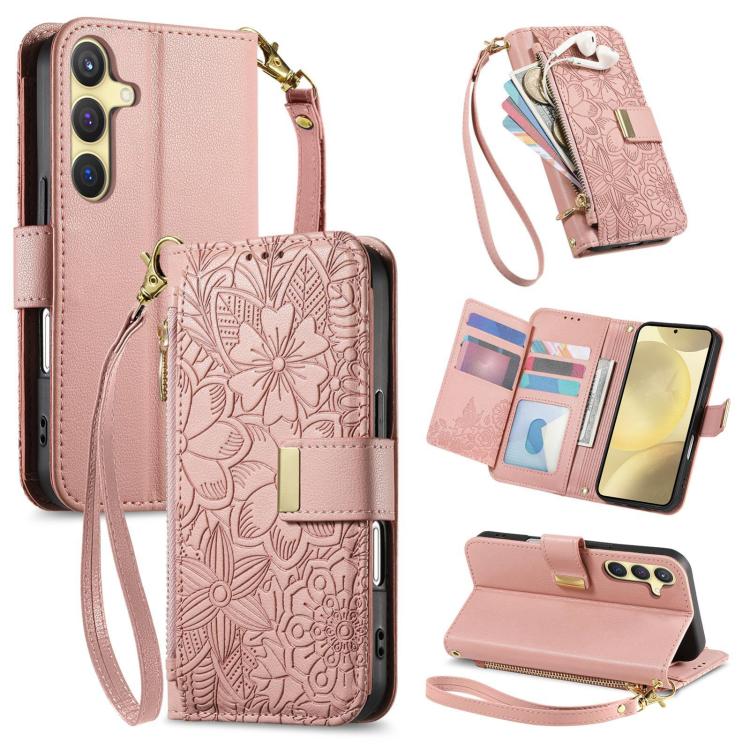 Funda de cuero con cremallera y correa para Samsung Galaxy S24+ 5G, diseño de flores y hojas (rosa)