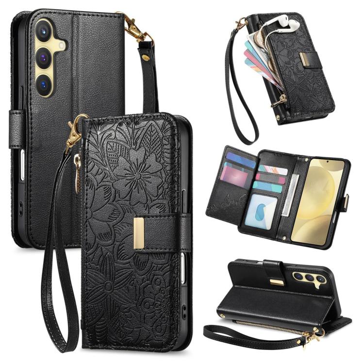 Funda de cuero con cremallera y correa para Samsung Galaxy S24+ 5G, diseño de flores y hojas (negro)
