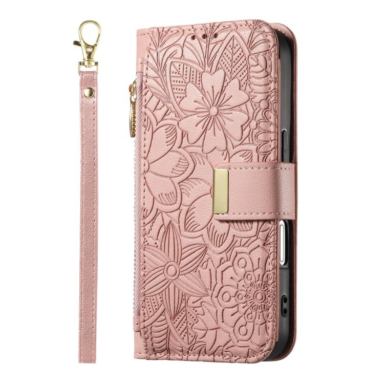 Funda de cuero con cremallera y correa para Samsung Galaxy S23 5G, diseño de flores y hojas (rosa)