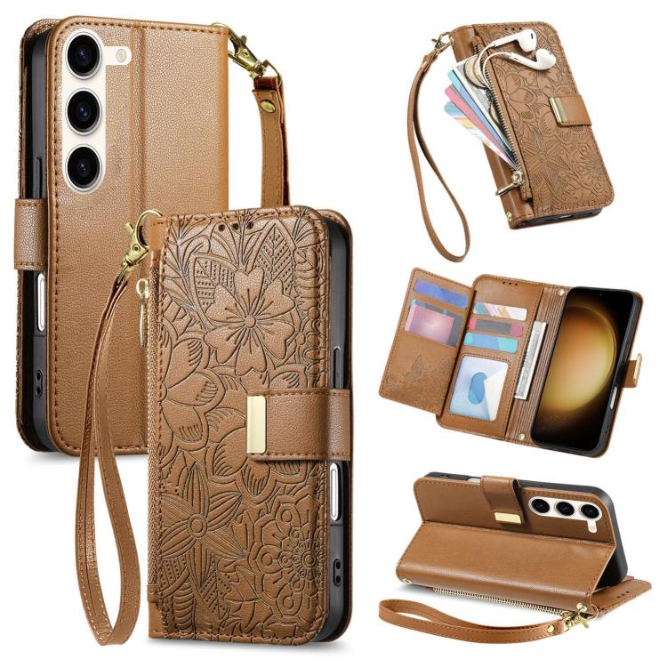 Funda de cuero con cremallera y correa para Samsung Galaxy S23+ 5G, diseño de flores y hojas (marrón)