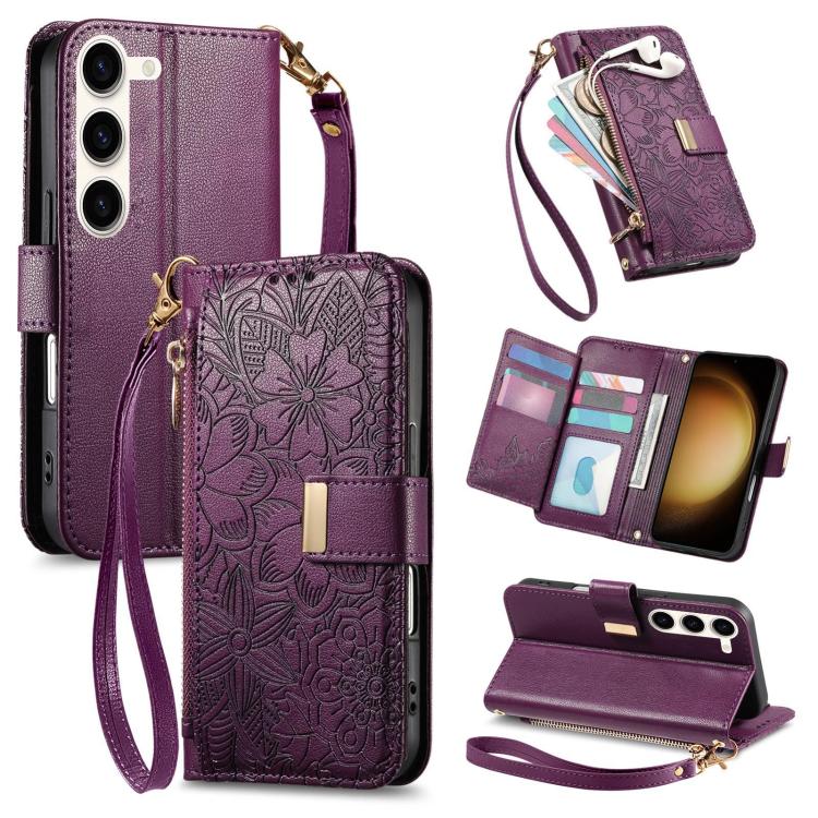 Funda de cuero con cremallera y correa para Samsung Galaxy S23+ 5G, diseño de flores y hojas (morado)