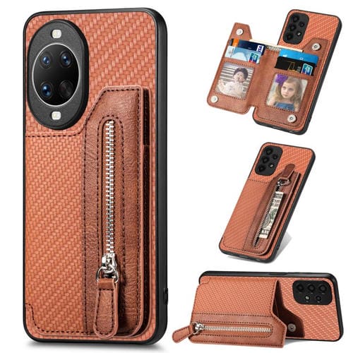 Funda tipo cartera con cremallera horizontal de fibra de carbono para Huawei nova 14 Pro (marrón)