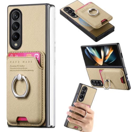 Funda magnética con anillo para Samsung Galaxy Z Fold3 5G, de tela sarga y tarjetero (caqui)