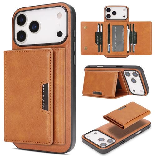 Funda de cuero plegable triple Kalebol con imán fuerte MagSafe para iPhone 17 Pro (marrón)