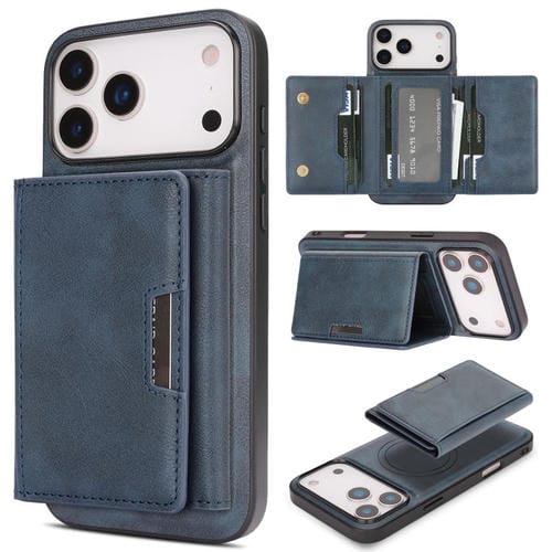 Funda de cuero plegable triple Kalebol con imán fuerte MagSafe para iPhone 17 Pro (azul)