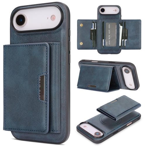 Funda de cuero plegable triple Kalebol con imán fuerte MagSafe para iPhone 17 Air (azul)