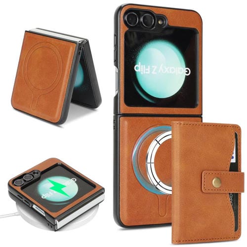 Funda de cuero con anillo MagSafe y botón magnético para Samsung Galaxy Z Flip6 (marrón)