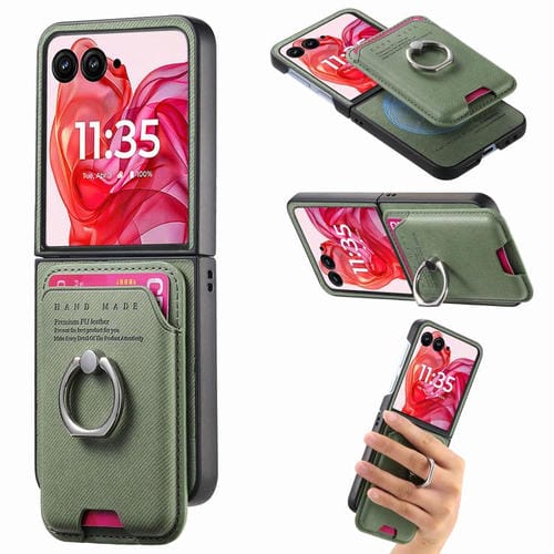 Funda magnética con anillo para Motorola Moto Razr 50 Ultra, de tela sarga, con ranuras para tarjetas (verde)