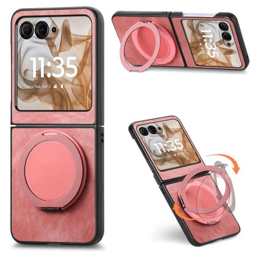 Funda de cuero retro con soporte giratorio redondo para Motorola Moto Razr 60 (rosa)