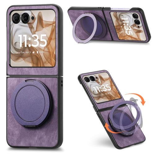 Funda de cuero retro con soporte giratorio redondo para Motorola Moto Razr 60 (morado)