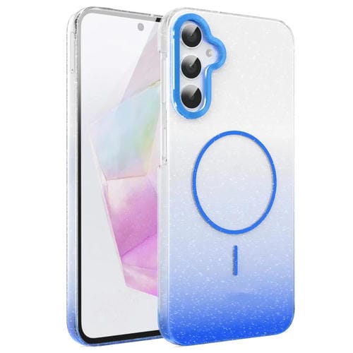 Funda MagSafe a prueba de golpes con degradado de brillo y diamantes dorados para Samsung Galaxy A34 5G (azul)