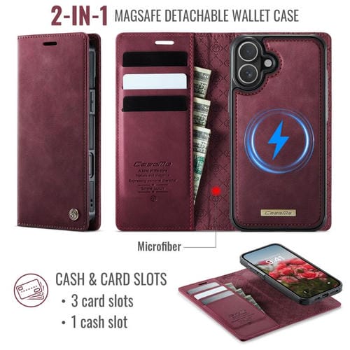 Funda de cuero desmontable CaseMe C49 con bloqueo RFID MagSafe para iPhone 16 (roja)