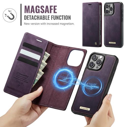 Funda de cuero desmontable CaseMe C49 para iPhone 16 Pro, con bloqueo RFID y MagSafe (morado)