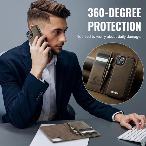 Funda de cuero desmontable CaseMe C49 con bloqueo RFID MagSafe para iPhone 15 Plus/14 Plus (café)