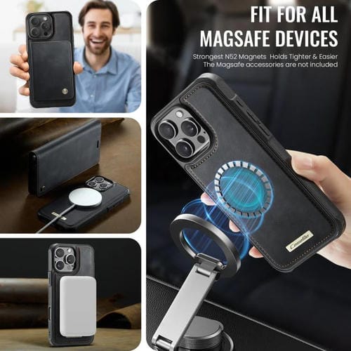 Funda de cuero desmontable CaseMe C49 con bloqueo RFID MagSafe para iPhone 15 Pro Max (negra)