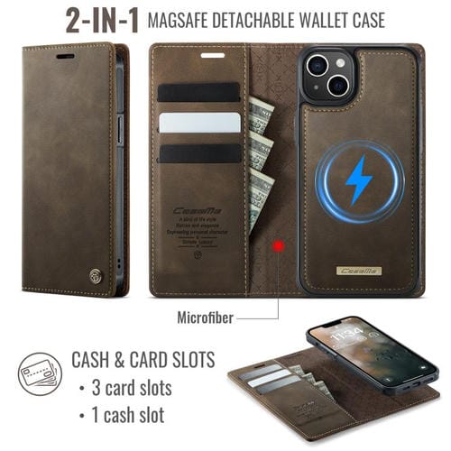 Funda de cuero desmontable CaseMe C49 con bloqueo RFID MagSafe para iPhone 14 (café)
