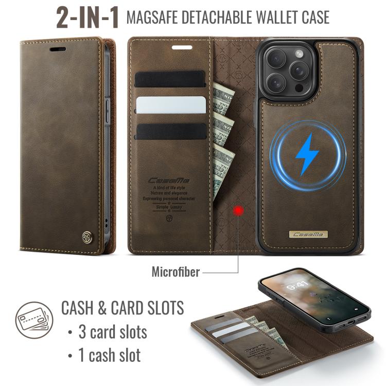 Funda de cuero desmontable CaseMe C49 con bloqueo RFID MagSafe para iPhone 14 Pro Max (café)