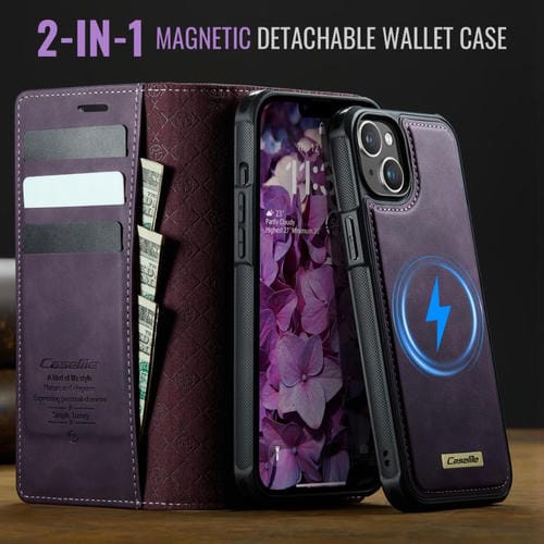 Funda de cuero desmontable CaseMe C49 con bloqueo RFID MagSafe para iPhone 13 (morado)