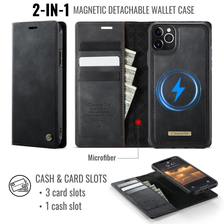 Funda de cuero desmontable CaseMe C49 con bloqueo RFID MagSafe para iPhone 11 Pro Max (negra)