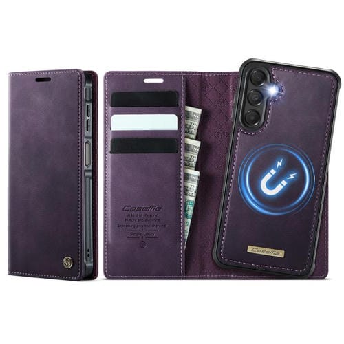 Funda de cuero desmontable con bloqueo RFID magnético CaseMe C49 para Samsung Galaxy A15 (morado)