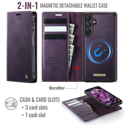 Funda de cuero desmontable con bloqueo RFID magnético CaseMe C49 para Samsung Galaxy A15 (morado)