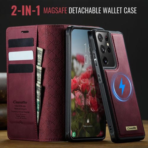 Funda de cuero desmontable con bloqueo RFID magnético para Samsung Galaxy S21 Ultra 5G CaseMe C49 (roja)