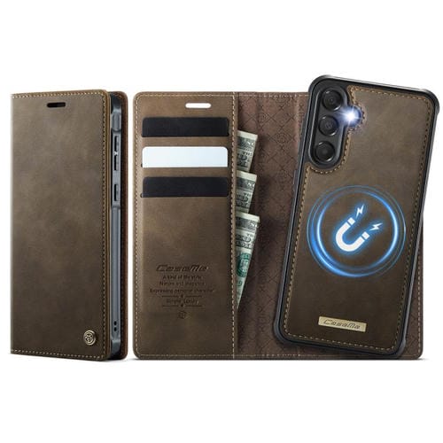 Funda de cuero desmontable con bloqueo RFID magnético CaseMe C49 para Samsung Galaxy A55/A35 5G (café)