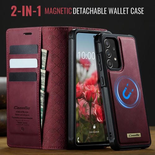 Funda de cuero desmontable CaseMe C49 con bloqueo RFID magnético para Samsung Galaxy A52/A52s (roja)