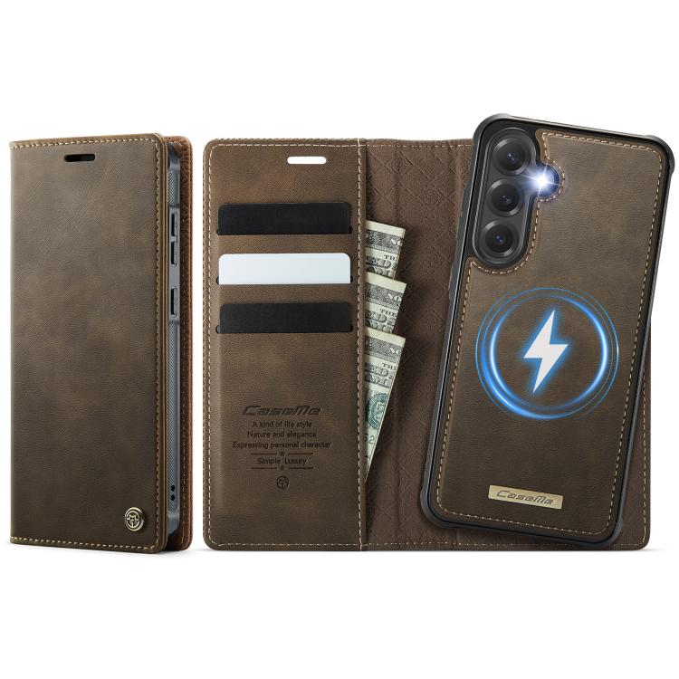 Funda de cuero desmontable con bloqueo RFID magnético CaseMe C49 para Samsung Galaxy S24 FE 5G (café)