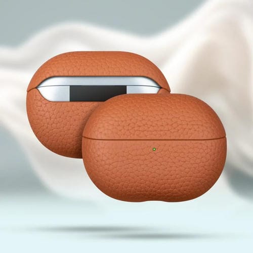 Funda protectora de cuero genuino con estampado de lichi para auriculares Bluetooth Huawei FreeBuds Pro 4 (marrón)