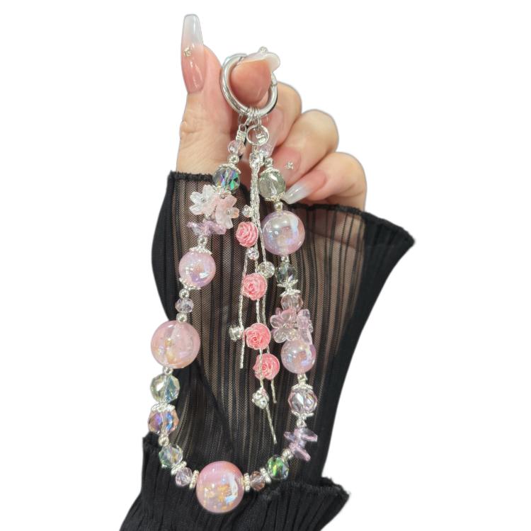 Cadena para teléfono móvil de doble capa con borlas de rosas y flores reales