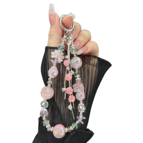 Cadena para teléfono móvil de doble capa con borlas de rosas y flores reales