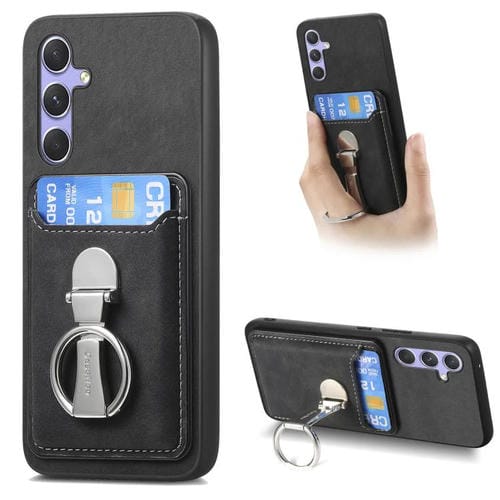 Funda retro plegable con anillo y tarjetero MagSafe para Samsung Galaxy A25 5G (negra)