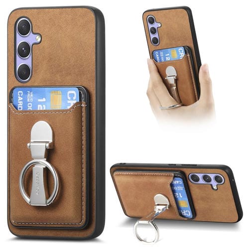 Funda retro plegable con anillo y tarjetero MagSafe para Samsung Galaxy A34 5G (marrón)