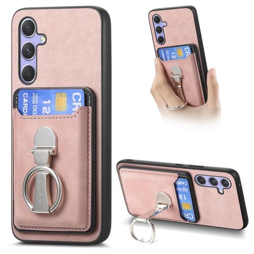 Funda retro plegable con anillo y tarjetero MagSafe para Samsung Galaxy A56 5G (rosa)