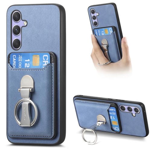 Funda retro plegable con anillo y tarjetero MagSafe para Samsung Galaxy A56 5G (azul)