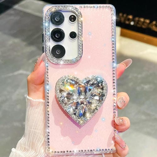 Funda para Samsung Galaxy S25 Ultra 5G con diseño de corazón, piedras preciosas y brillo de diamantes (rosa claro)