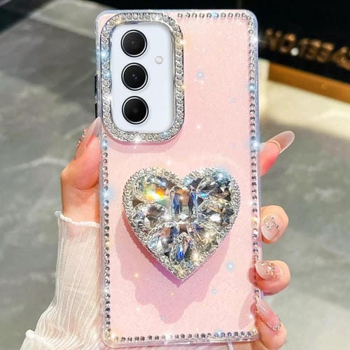 Funda para Samsung Galaxy A55 5G con diseño de corazón, piedras preciosas y brillo de diamantes (rosa claro)