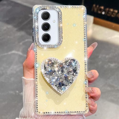 Funda para Samsung Galaxy A55 5G con diseño de corazón, piedras preciosas y brillantes (amarillo claro)