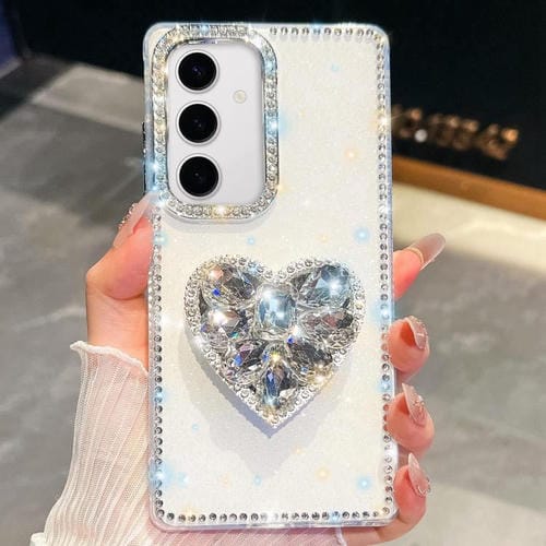Funda para Samsung Galaxy S24+ 5G con diseño de corazón, piedras preciosas y brillo de diamantes (blanca)