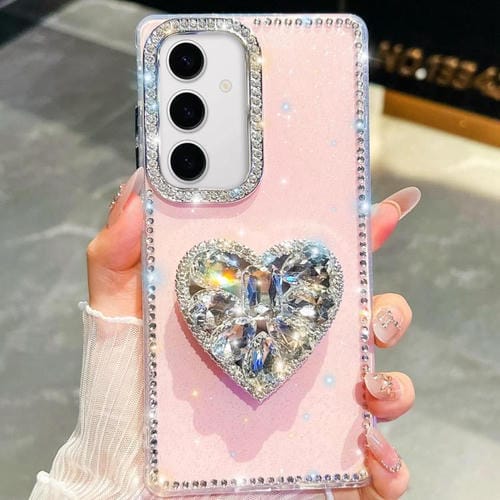 Funda para Samsung Galaxy S24 5G con diseño de corazón, piedras preciosas y brillo de diamantes (rosa claro)