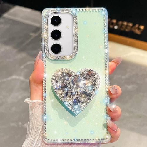Funda para Samsung Galaxy S24 5G con diseño de corazón, piedras preciosas y brillo de diamantes (verde claro)