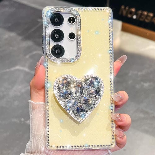Funda para Samsung Galaxy S23 Ultra 5G con diseño de corazón, piedras preciosas y brillo de diamantes (amarillo claro)