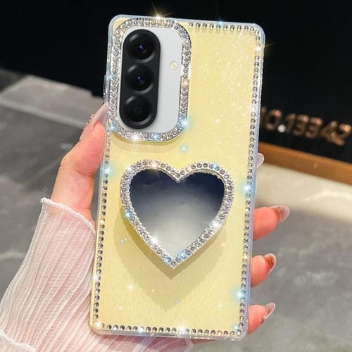 Funda con forma de corazón y espejo con purpurina de diamante para Samsung Galaxy A56 5G (amarillo claro)