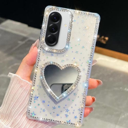 Funda para Samsung Galaxy A56 5G con purpurina de diamante y espejo con forma de corazón (estrellas transparentes)