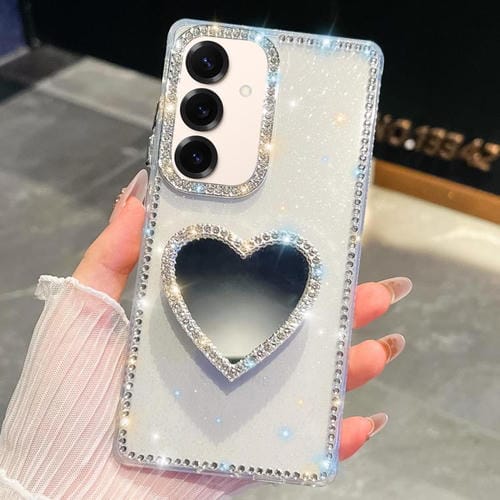 Funda transparente con forma de corazón y espejo con purpurina de diamante para Samsung Galaxy S25 5G