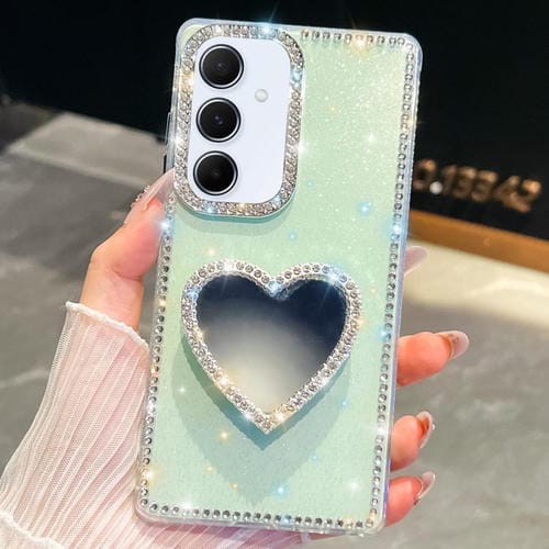 Funda con forma de corazón y espejo con purpurina de diamante para Samsung Galaxy A35 5G (verde claro)