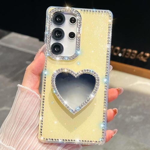 Funda para Samsung Galaxy S24 Ultra 5G con purpurina y espejo con forma de corazón (amarillo claro)